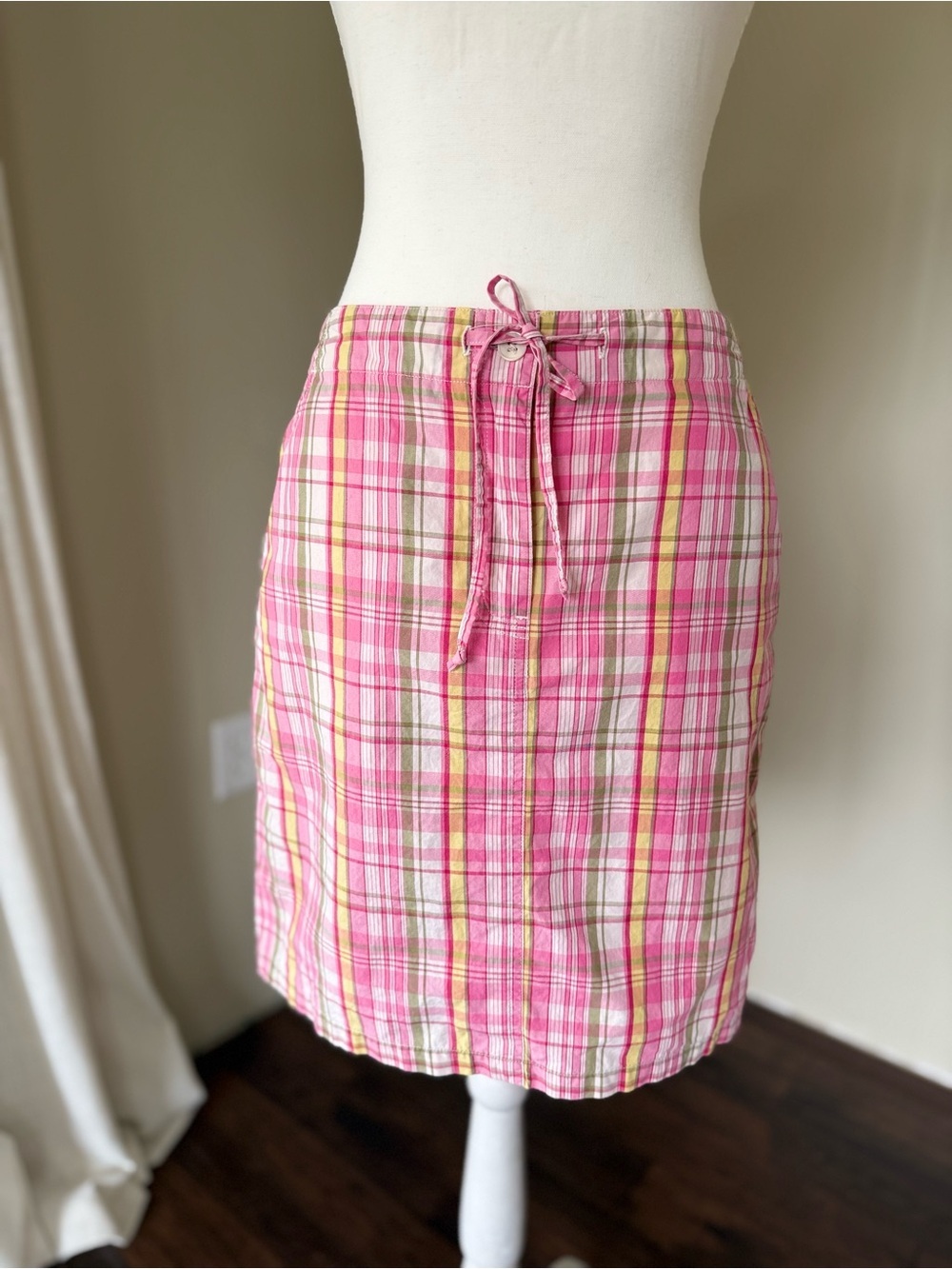 Vintage The Limited Y2K Pink & Green Plaid Tie-Waist Cotton Skirt Stripes Size 4